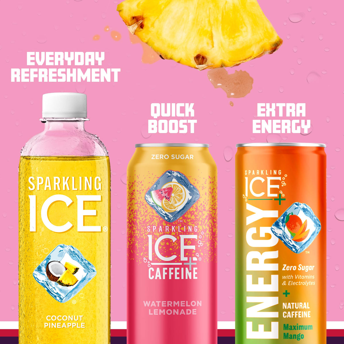 Sparkling Ice pink variety pack bottle closeup with fizz and labels.