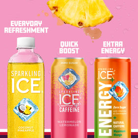 Sparkling Ice pink variety pack bottle closeup with fizz and labels.