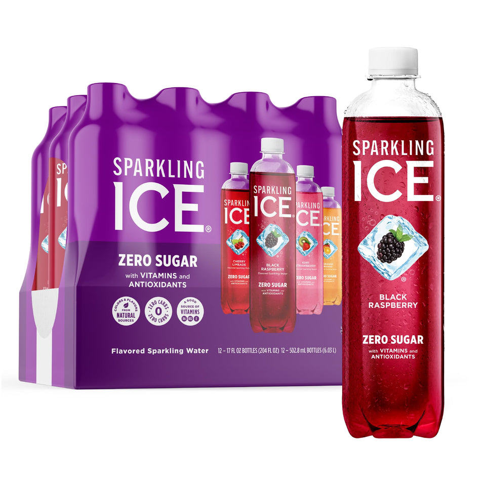 Sparkling Ice Purple Pack front view showing four flavors for on-the-go refreshment.