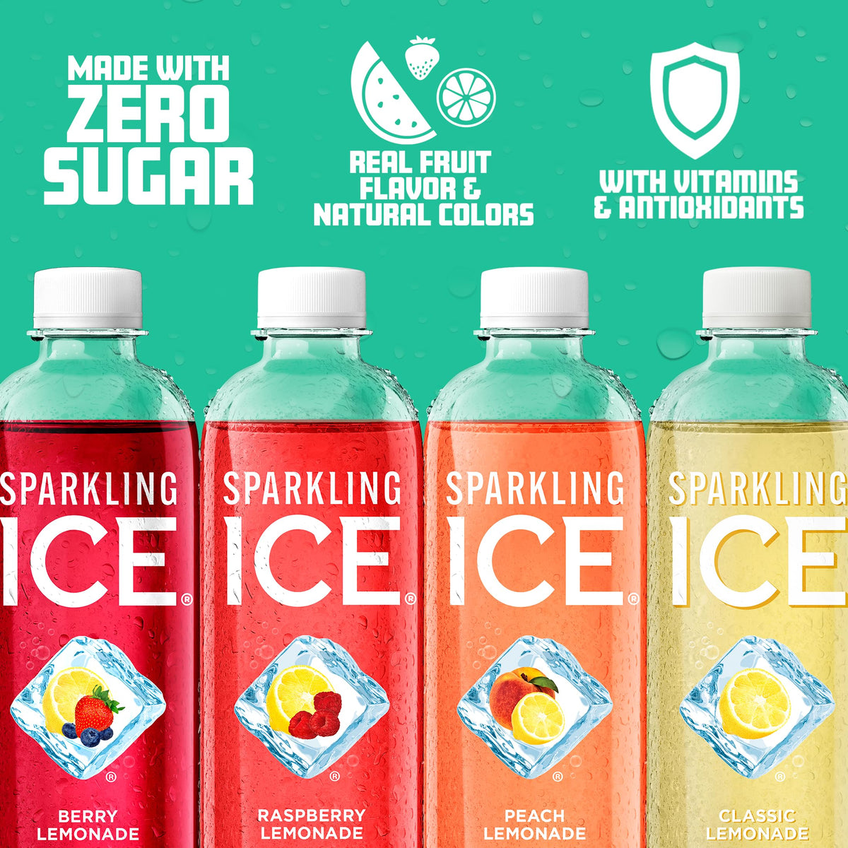 Sparkling Ice Raspberry Lemonade bottle showing vibrant fruit flavor and zero sugar.