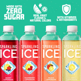 Sparkling Ice Raspberry Lemonade bottle showing vibrant fruit flavor and zero sugar.