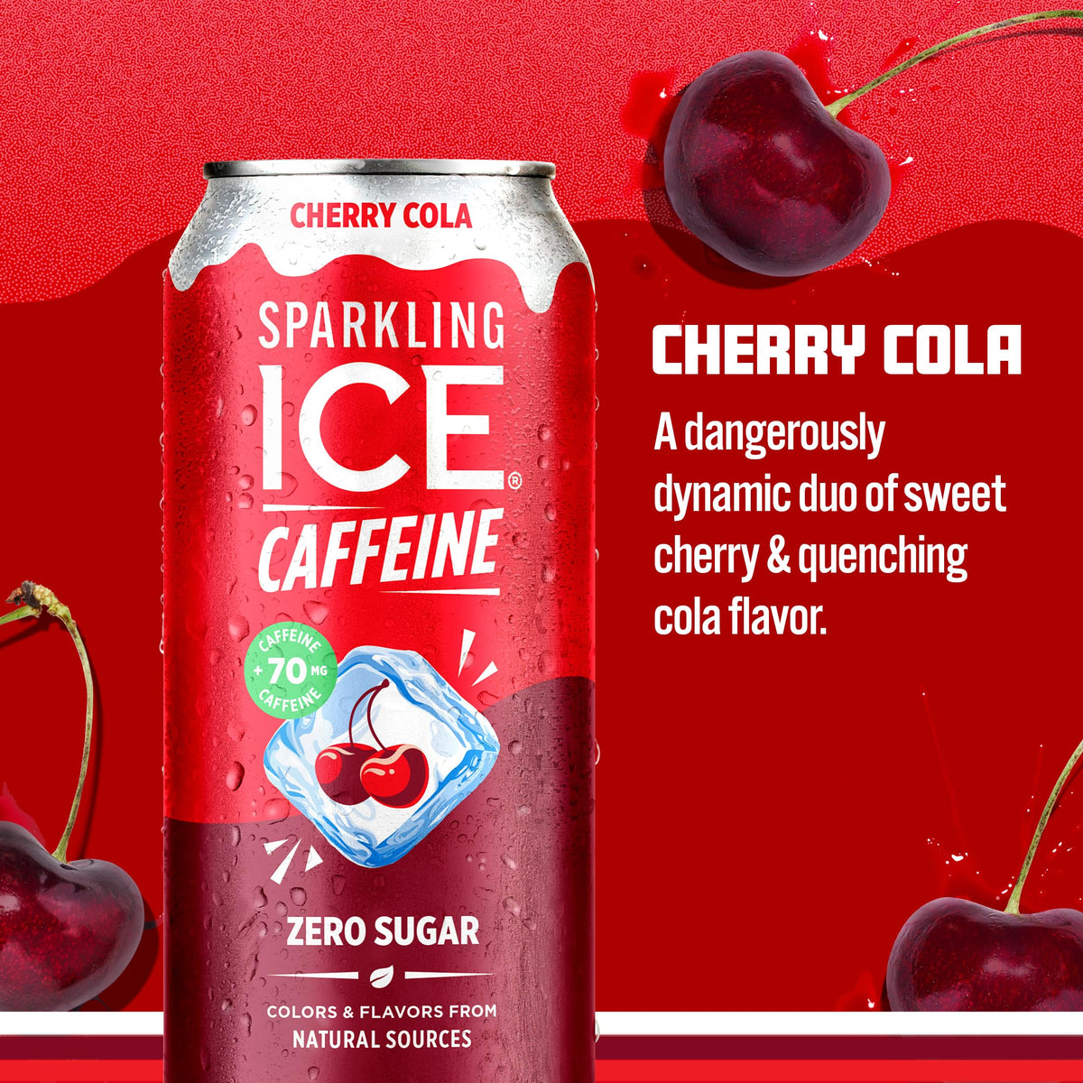 Close-up of Sparkling Ice Shoppe Cherry Cola label highlights natural color from fruit.