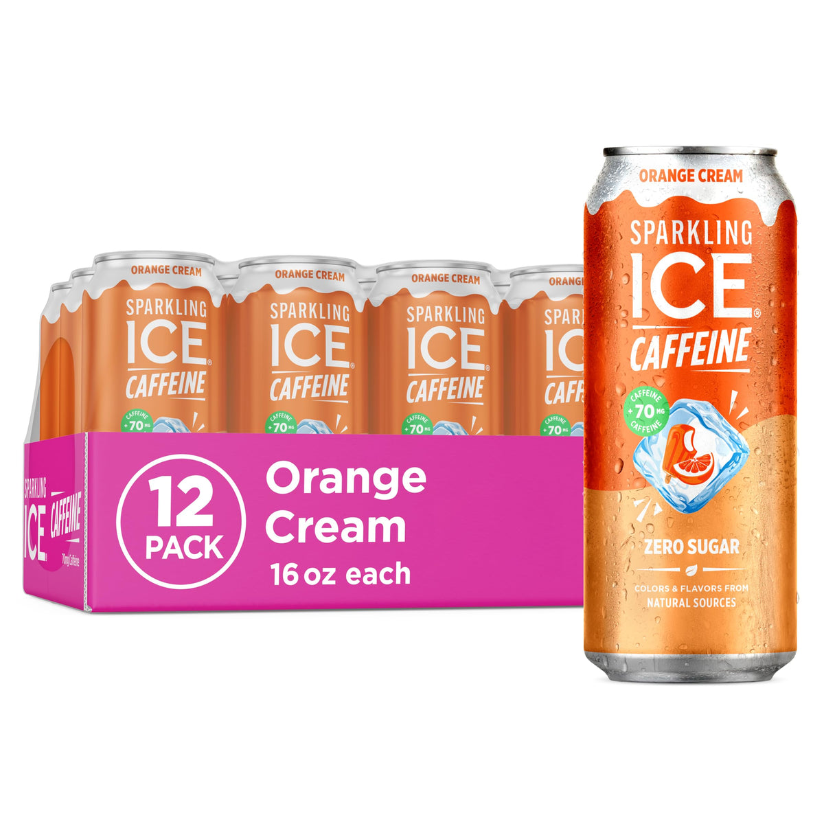 Sparkling Ice Shoppe Orange Cream can front view displaying caffeine boost on the go
