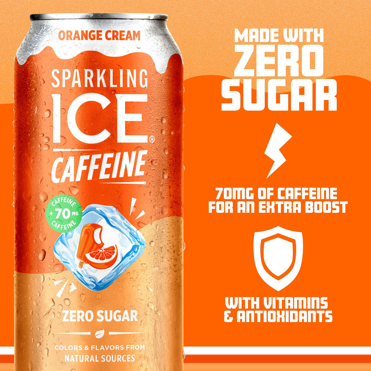 Close-up of label showing natural color and ingredients in Sparkling Ice Shoppe Orange Cream