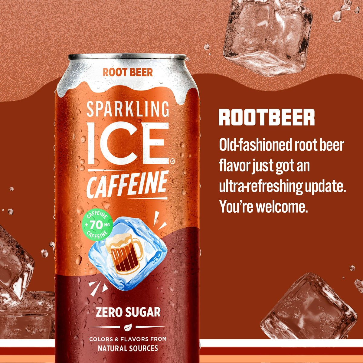 Sparkling Ice Shoppe Root Beer can side angle highlights zero sugar.