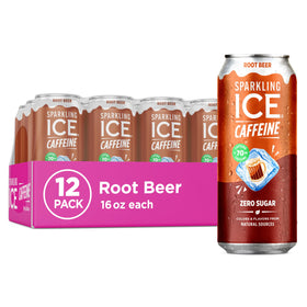 Sparkling Ice Shoppe Root Beer can front shows 70 mg caffeine boost.