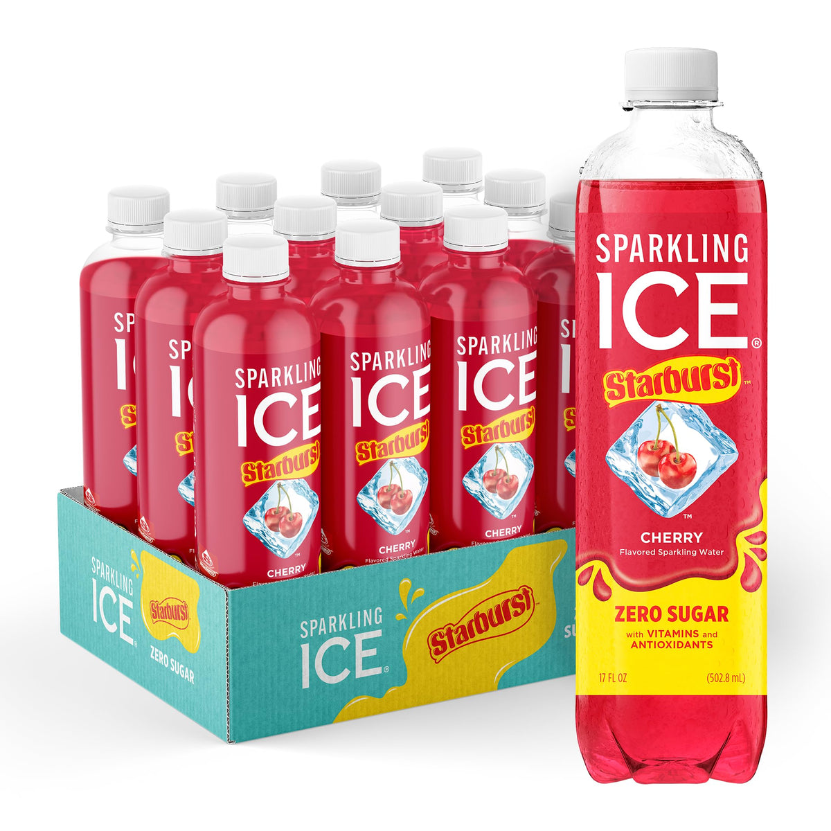 Sparkling Ice STARBURST Cherry bottle with vibrant color and zero sugar.