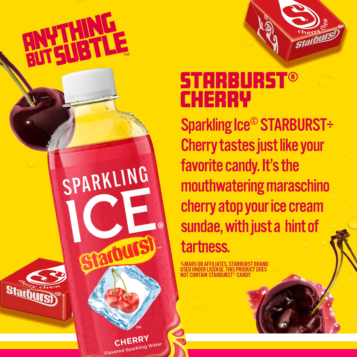 Sparkling Ice STARBURST Cherry being poured, crisp fizz and low calories.