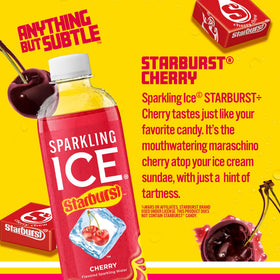 Sparkling Ice STARBURST Cherry being poured, crisp fizz and low calories.