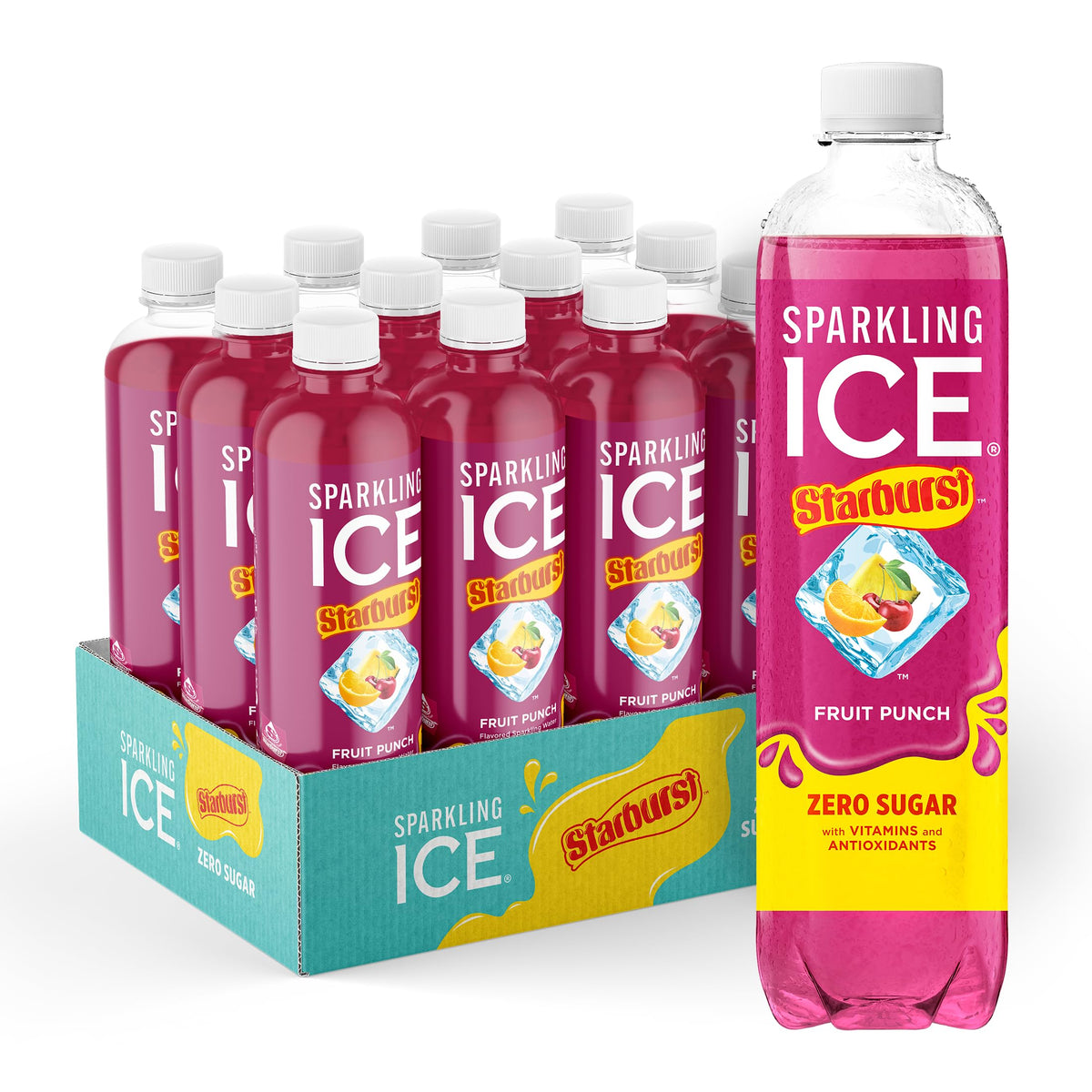 Sparkling Ice Starburst Fruit Punch bottle front, vibrant color and zero sugar
