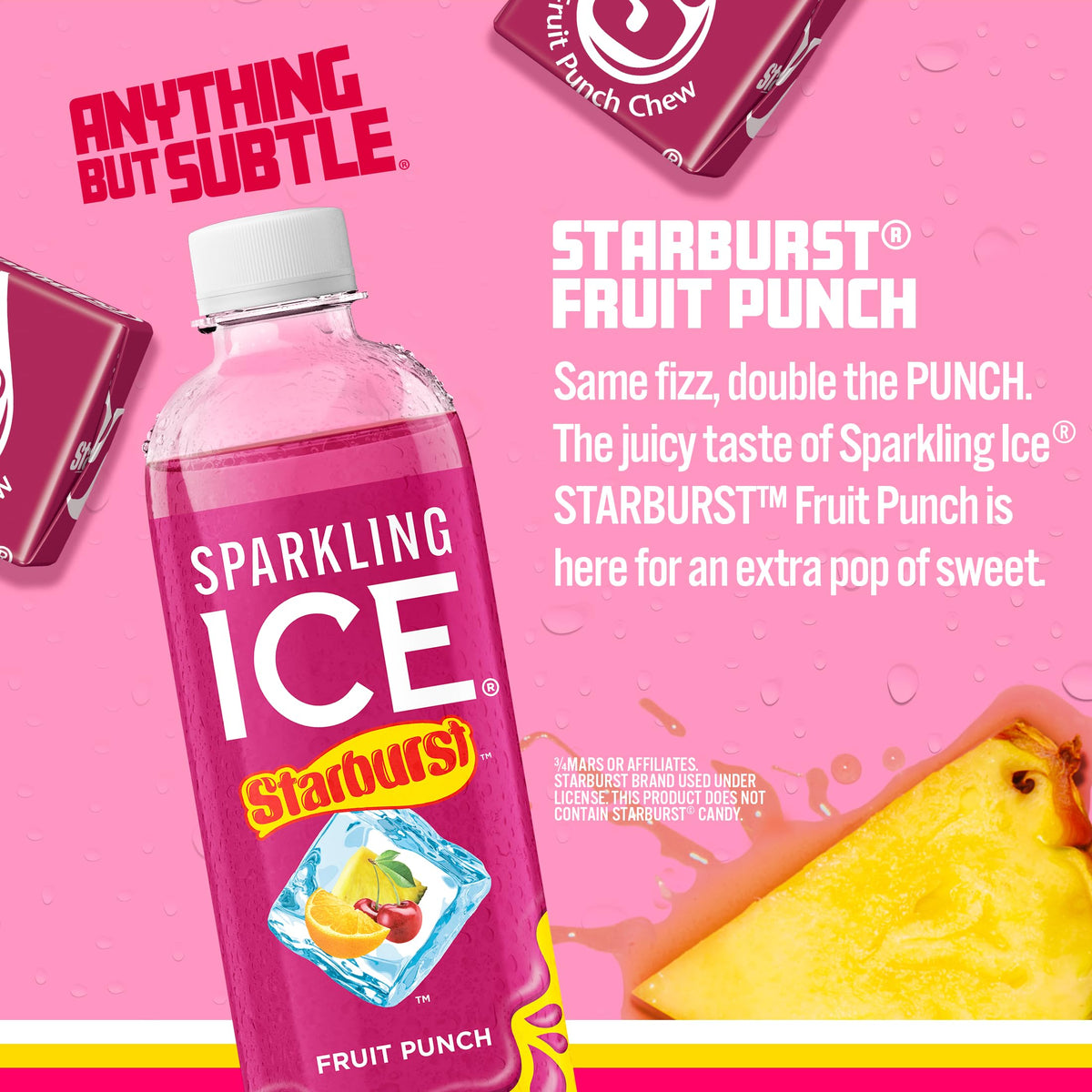 Starburst Fruit Punch bottle being poured into a glass, fizzy and flavorful