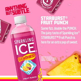 Starburst Fruit Punch bottle being poured into a glass, fizzy and flavorful
