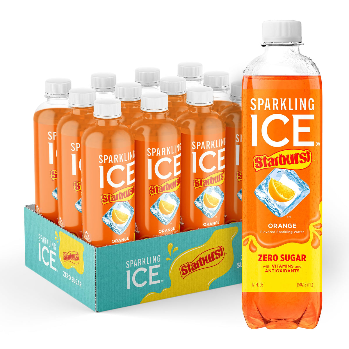 Sparkling Ice Starburst Orange bottle front shows bold flavor and zero sugar.