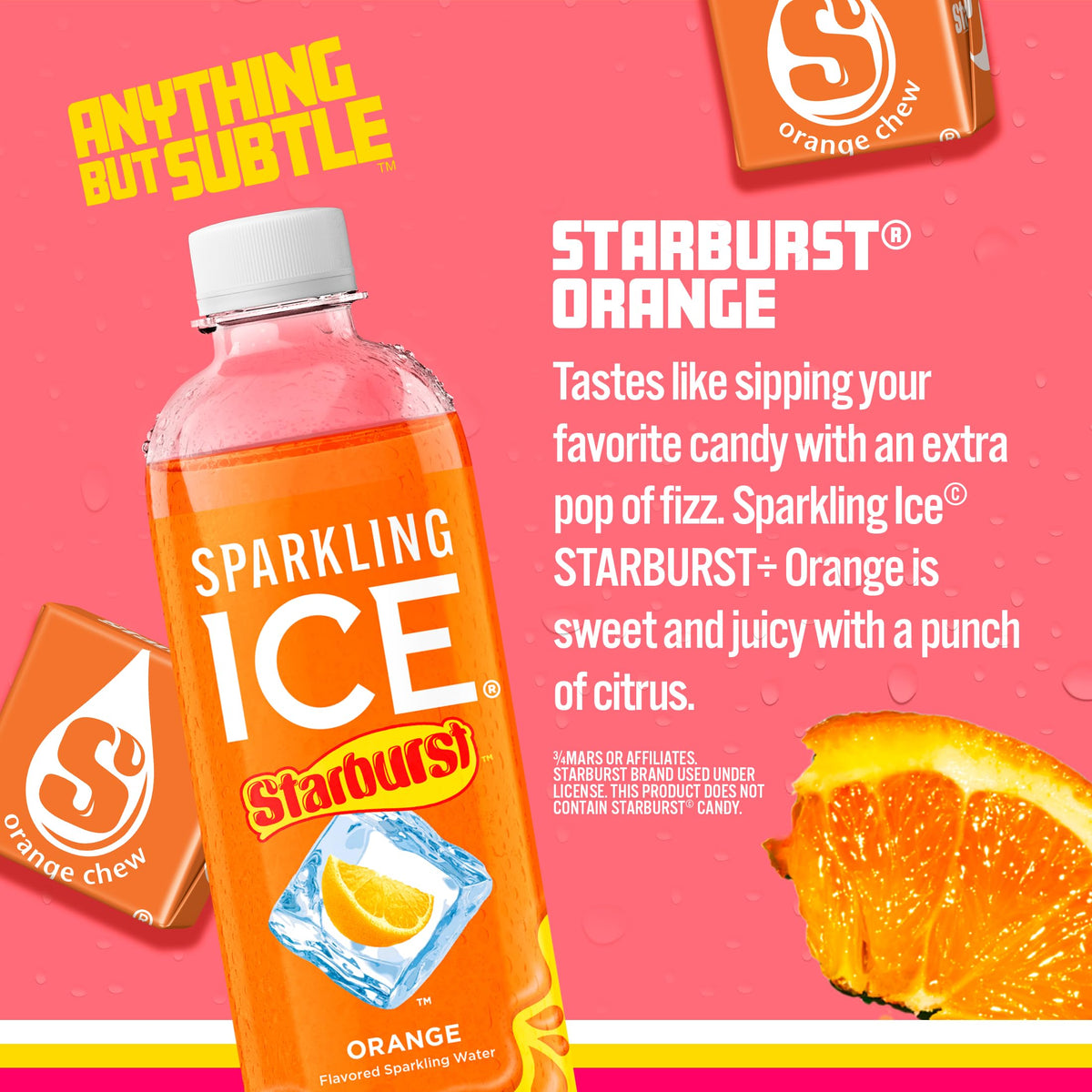 Sparkling Ice Starburst Orange bottle being poured highlights juicy flavor.