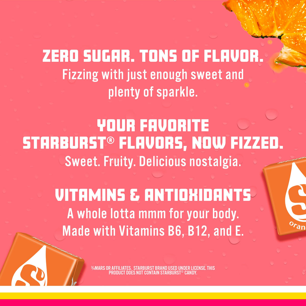 Sparkling Ice Starburst Orange with ice and bubbles suggests refreshment.