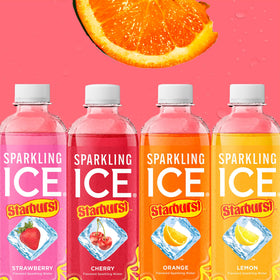 Sparkling Ice Starburst Orange 12-pack on a kitchen counter.