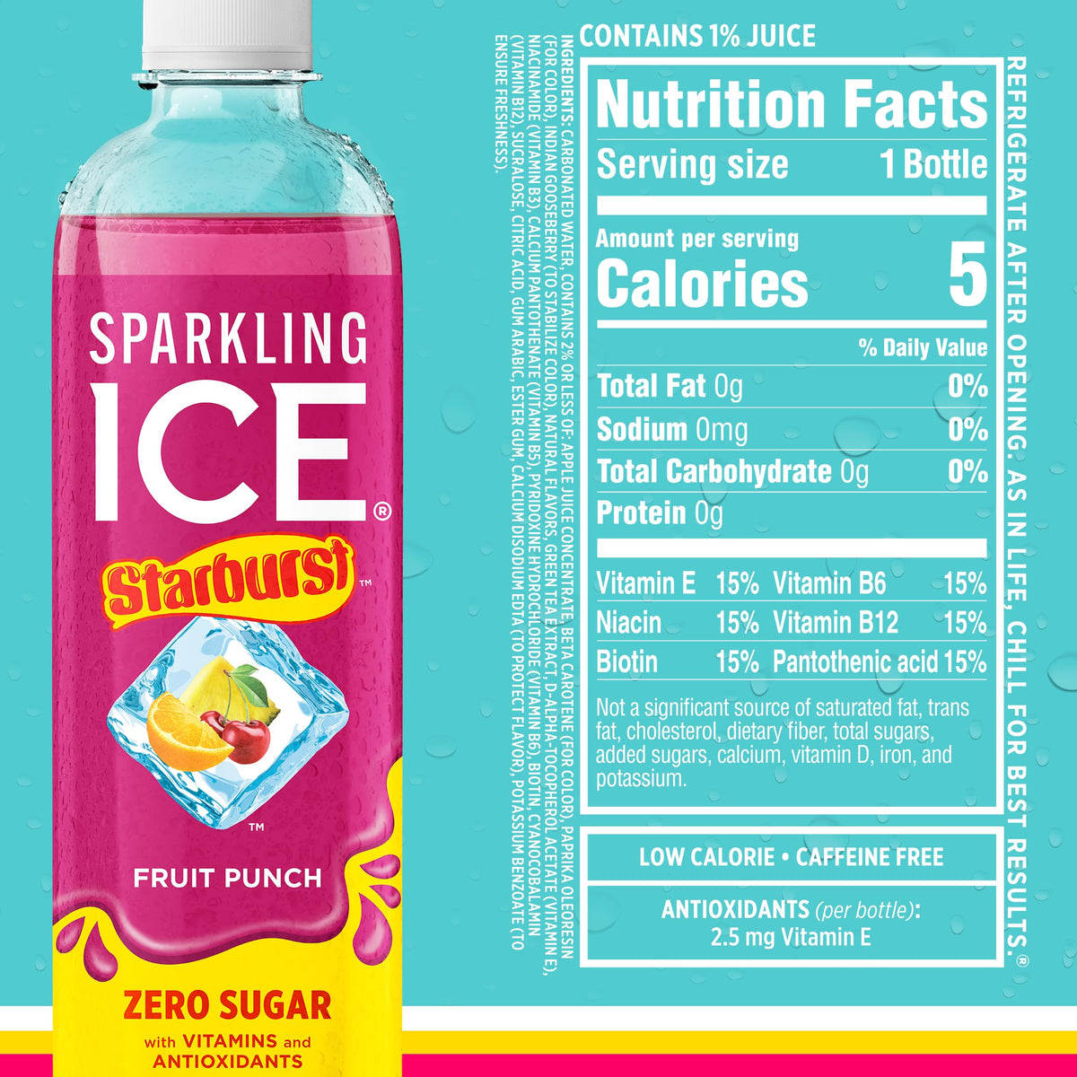 Display of Sparkling Ice Starburst Red Variety Pack in pantry