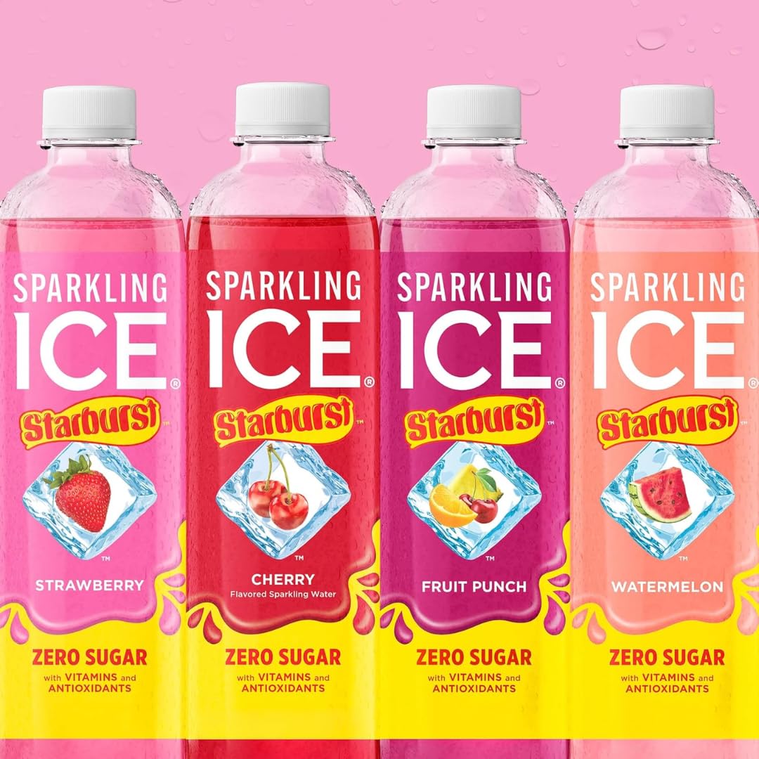 Sparkling Ice Starburst Strawberry can delivering fruity refreshment with zero sugar and vitamins.