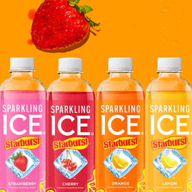 Sparkling Ice STARBURST Strawberry bottle label shows natural color sources.