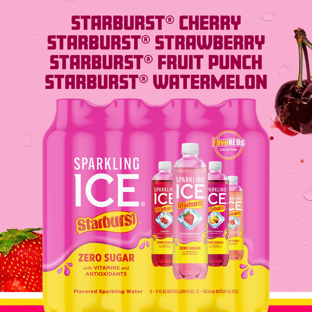 Sparkling Ice Starburst cherry bottle with vitamins for a tasty pick-me-up