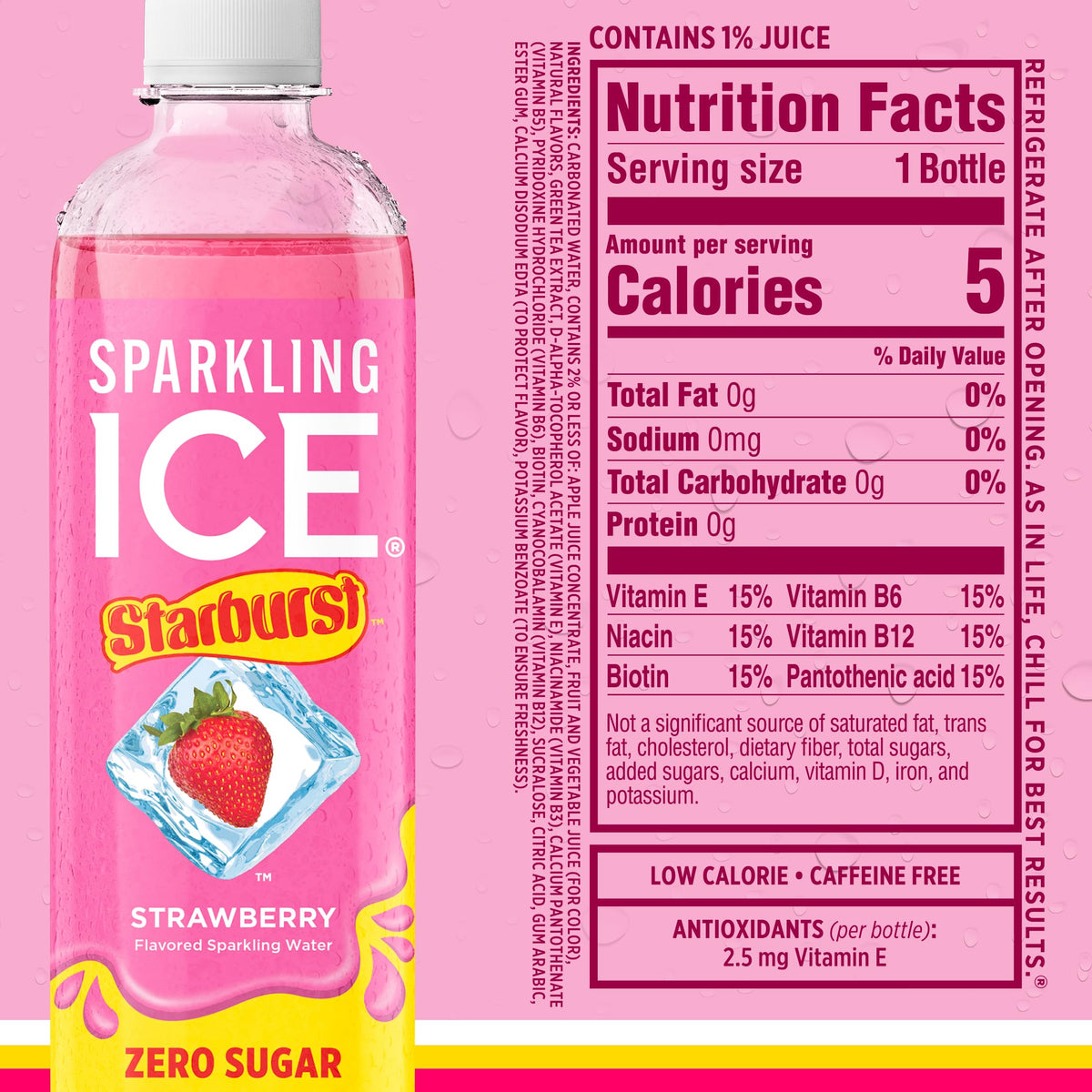 Close-up label of Sparkling Ice Starburst showing no artificial dyes