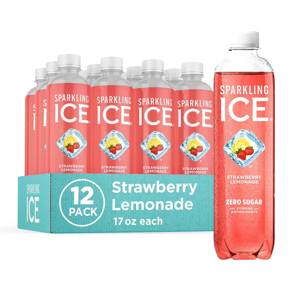 Sparkling Ice Strawberry Lemonade bottle pour with zero sugar and bright flavor.
