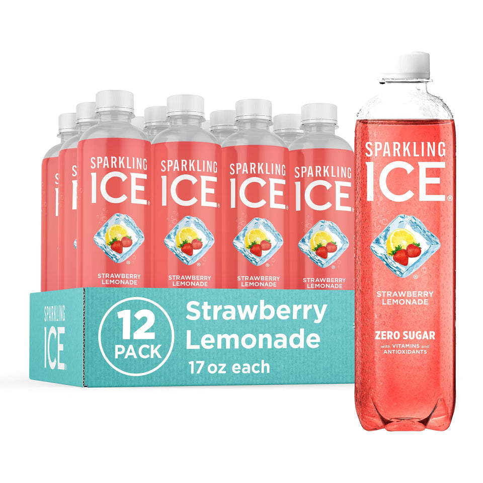 Sparkling Ice Strawberry Lemonade bottle pour with zero sugar and bright flavor.