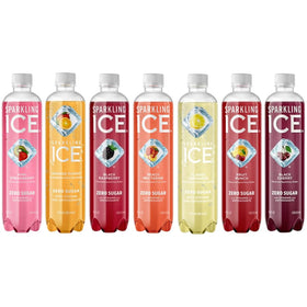 Sparkling Ice variety-pack bottle display, zero sugar refreshment for gatherings.