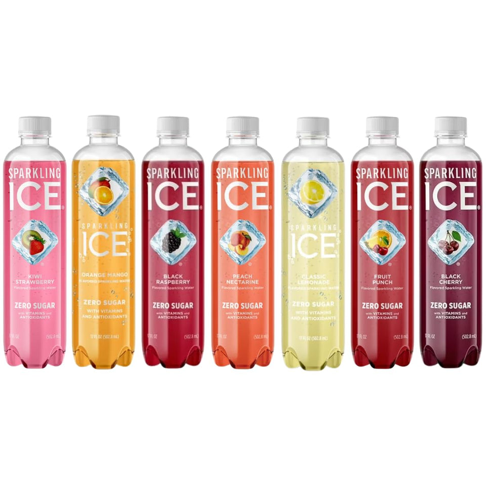 Sparkling Ice variety-pack bottle display, zero sugar refreshment for gatherings.