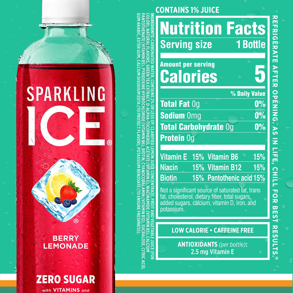 Sparkling Ice zero sugar claim on bottle for quick reference.