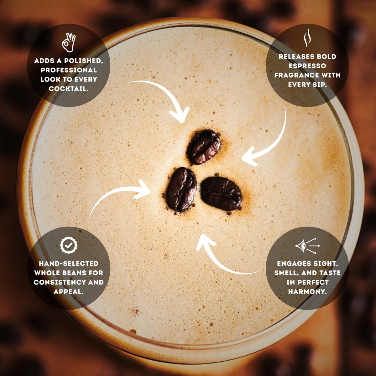 Speakeasy Espresso Martini garnish closeup showcases roasted beans for a bold, inviting scent.