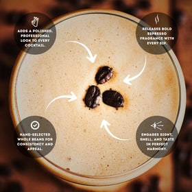 Speakeasy Espresso Martini garnish closeup showcases roasted beans for a bold, inviting scent.