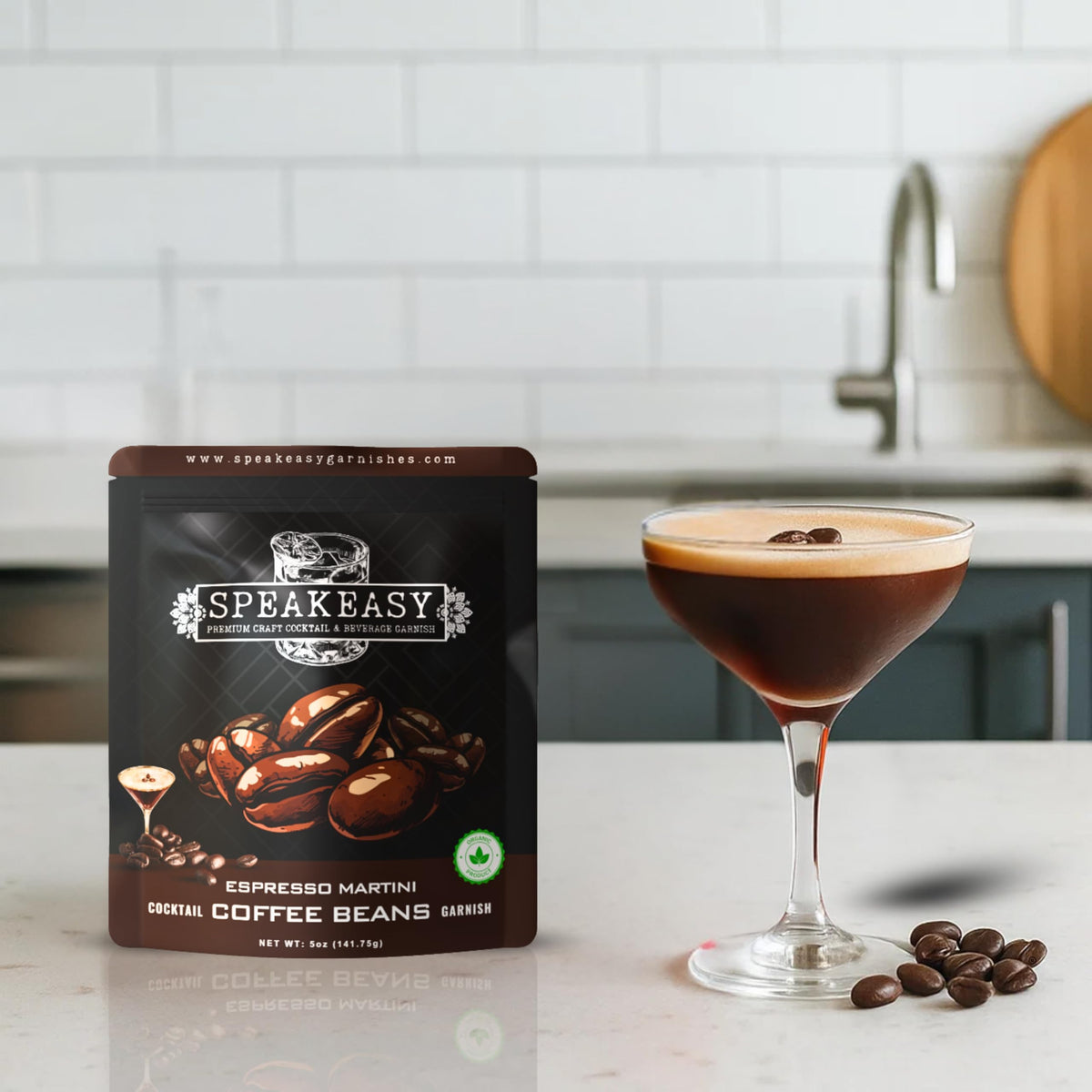 Speakeasy Espresso Martini garnish rim crush demonstrates easy cocktail customization.