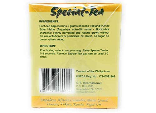 Special Tea Exotic Ampalaya tea bag close up highlighting bold herbal notes.