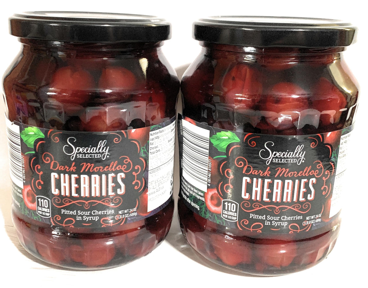 Specially Selected Dark Morello cherries in syrup, 24 oz jars, ideal for baking.