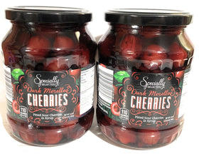 Specially Selected Dark Morello cherries in syrup, 24 oz jars, ideal for baking.