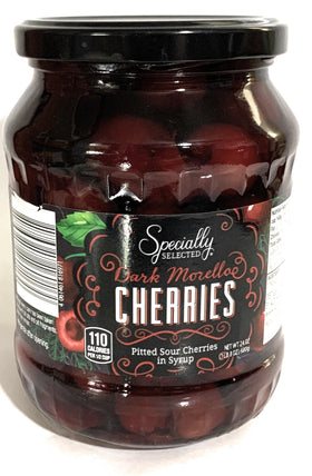 Close-up of Specially Selected Dark Morello cherries in jar, ready for pies and toppings.