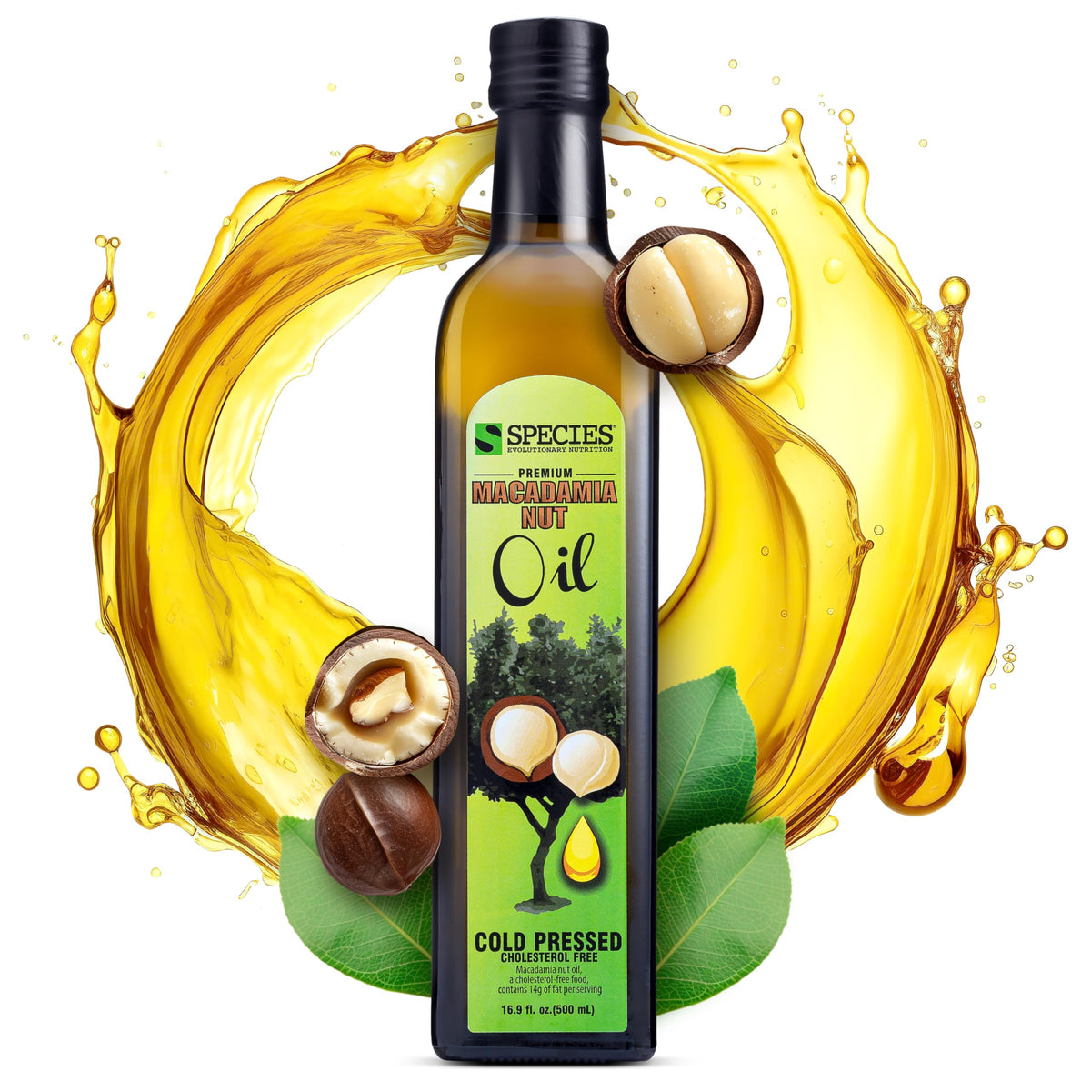 Species Nutrition macadamia oil bottle pour for smooth, buttery flavor in cooking