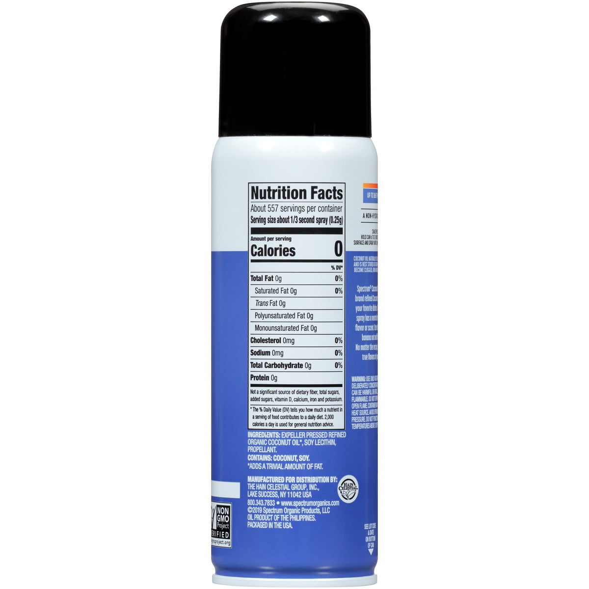 Spectrum Culinary Coconut Oil Spray ingredients label showing organic content