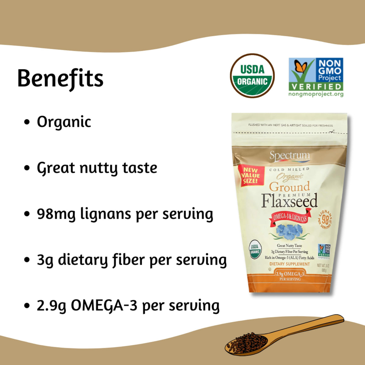 Spectrum Essentials flaxseed bottle pouring emphasizes omega-3 ALA for plant meals