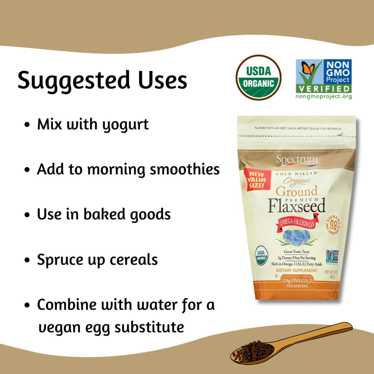 Spectrum Essentials ground flaxseed in fridge image stressing refrigeration to maintain freshness