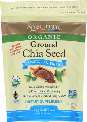 Spectrum Essentials Ground Chia Seed bag front, organic packaging for everyday smoothies and baking