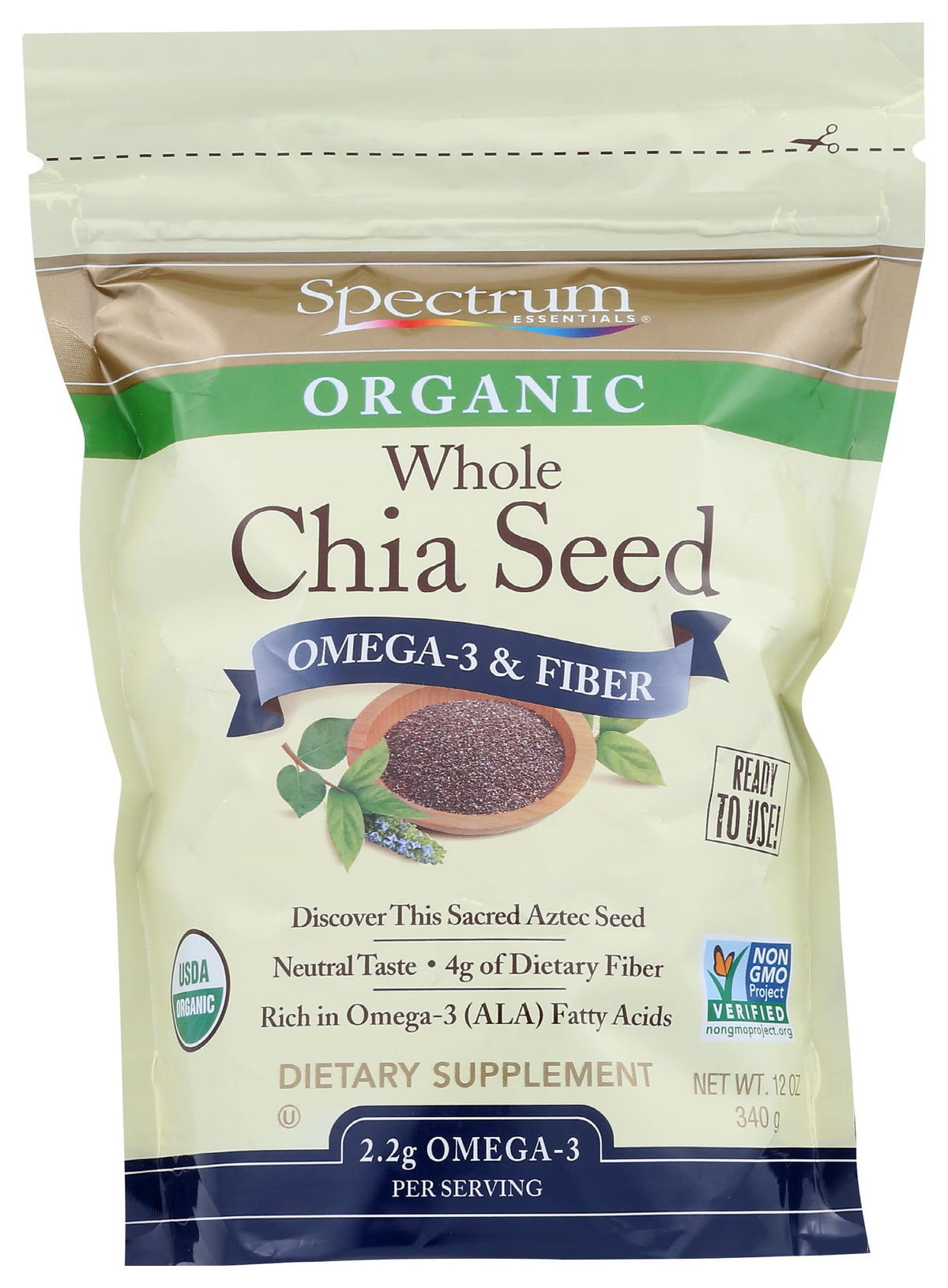 Spectrum Essentials Organic Chia Seeds bag, ideal pantry staple and easy measuring.