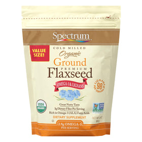 Spectrum Essentials Organic Ground Flaxseed bag shows premium organic seeds for baking