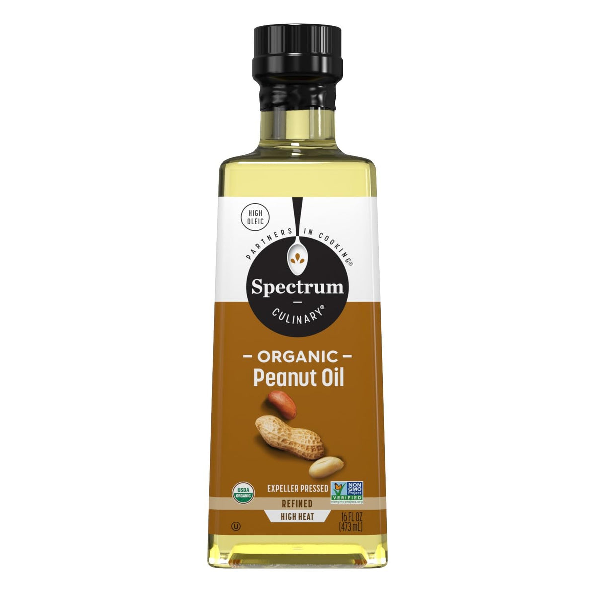 Spectrum Naturals Organic Refined Peanut Oil bottle ideal for all-purpose cooking and high-heat frying.