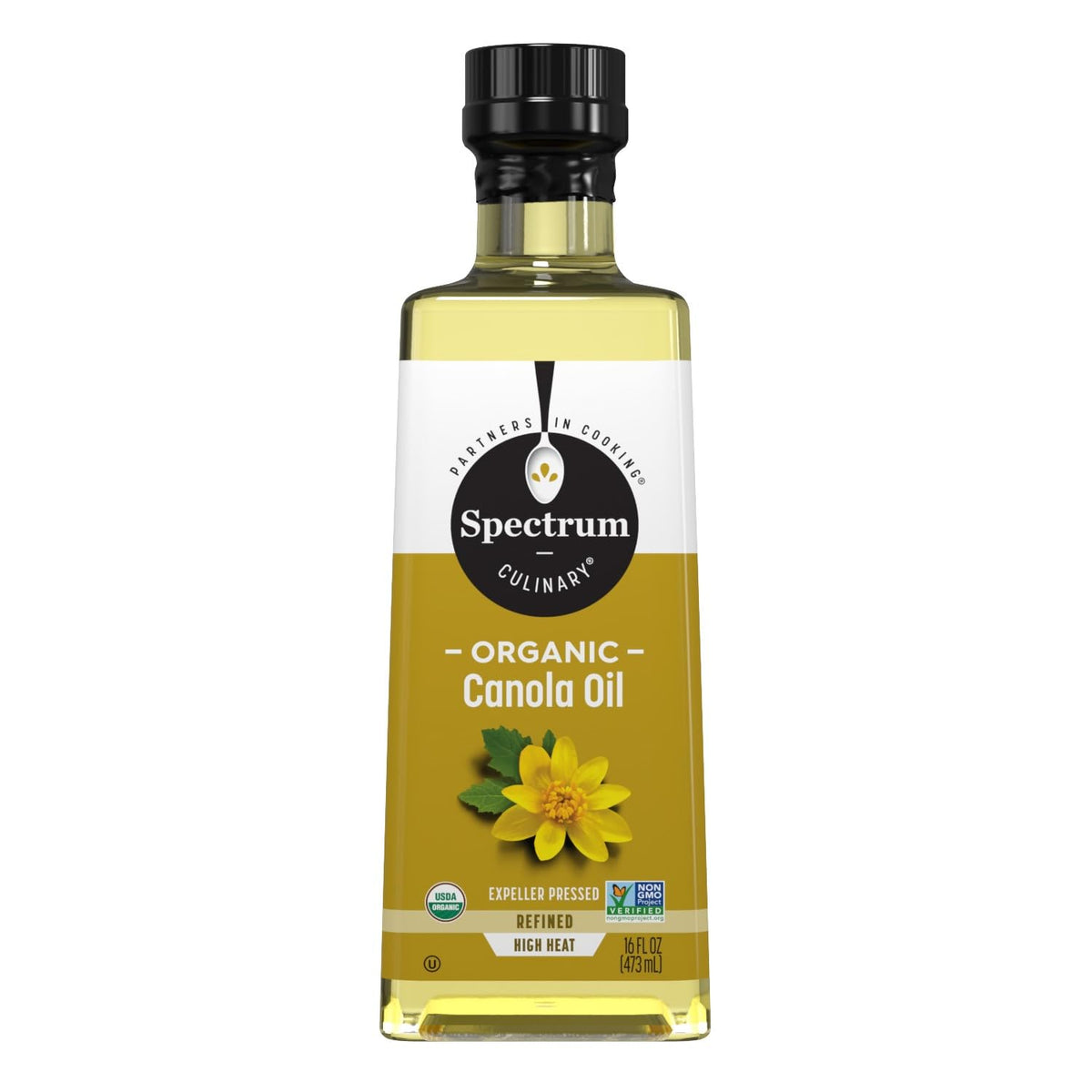 Spectrum Naturals refined canola oil bottle ready for high-heat cooking and frying.