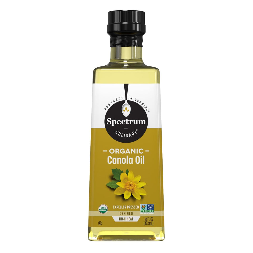 Spectrum Naturals refined canola oil bottle ready for high-heat cooking and frying.