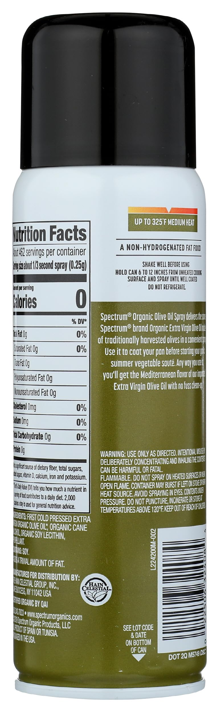 Spectrum Organic Olive Oil Spray label highlights 95% organic ingredients.