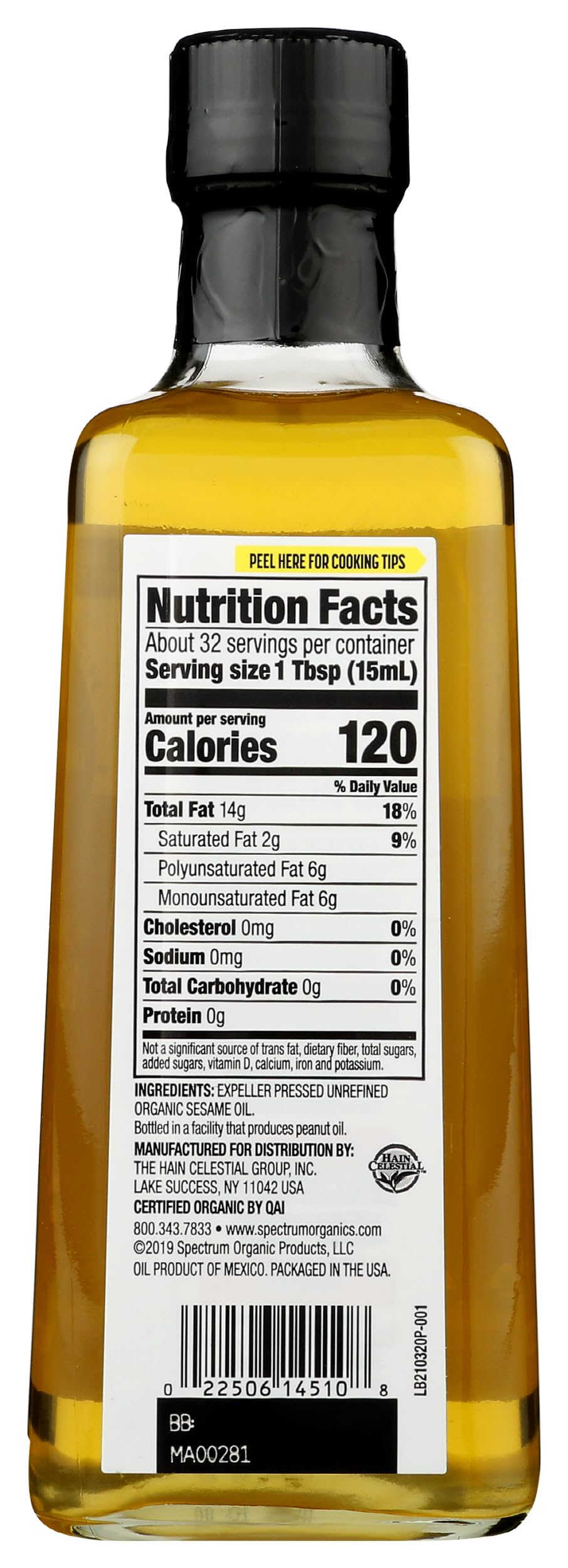 Spectrum Organic Sesame Oil pour spout ideal for sautéing and drizzle