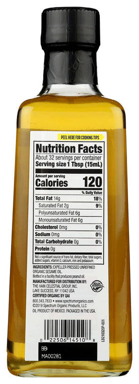 Spectrum Organic Sesame Oil pour spout ideal for sautéing and drizzle
